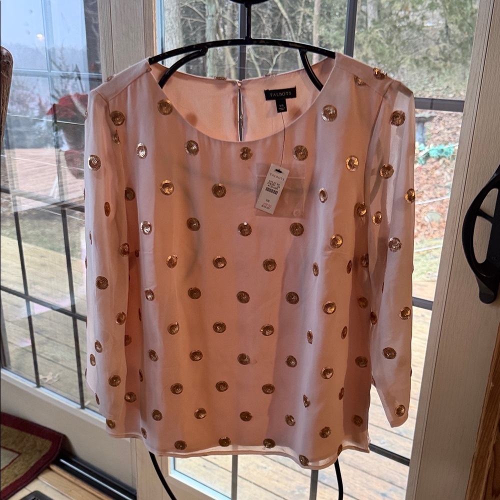 Talbots Womens Pink Gold Sequin Polka Dot Chiffon Blouse XS Long Slv Lined Top